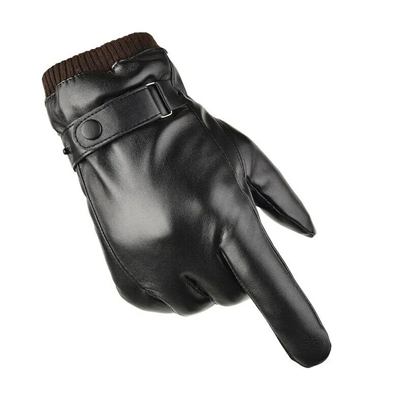 Guantes de Pu con pantalla táctil para hombre, guantes cálidos de lana negra para invierno, terciopelo grueso, a la moda, para conducir al aire libre