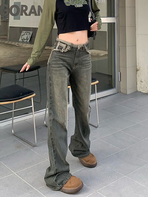 Wysokiej talii dżinsy dla kobiet w stylu Vintage proste workowate spodnie dżinsowe Streetwear modna w stylu amerykańskim spodnie jeansowe szerokie nogawki