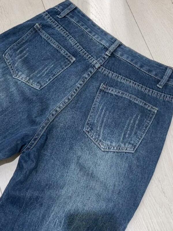 Finewords-Jeans vintage de cintura alta com fundo de sino para mulheres, casual lavado, jeans solto, streetwear coreano, calças jeans com corte de botas