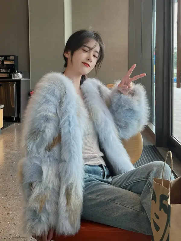 Koreanischer Stil V-Ausschnitt Langarm Frauen Fuchs Pelzmantel Winter pendeln Slim-Fit Mode verdickte Pelz nähte Kunst pelzmantel