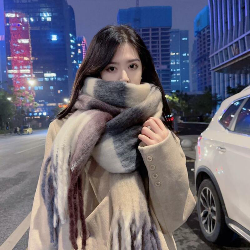 Bufanda de invierno con borla trenzada para mujer, chal grueso, cálido, suave, protección del cuello, Color de contraste, Color saturado