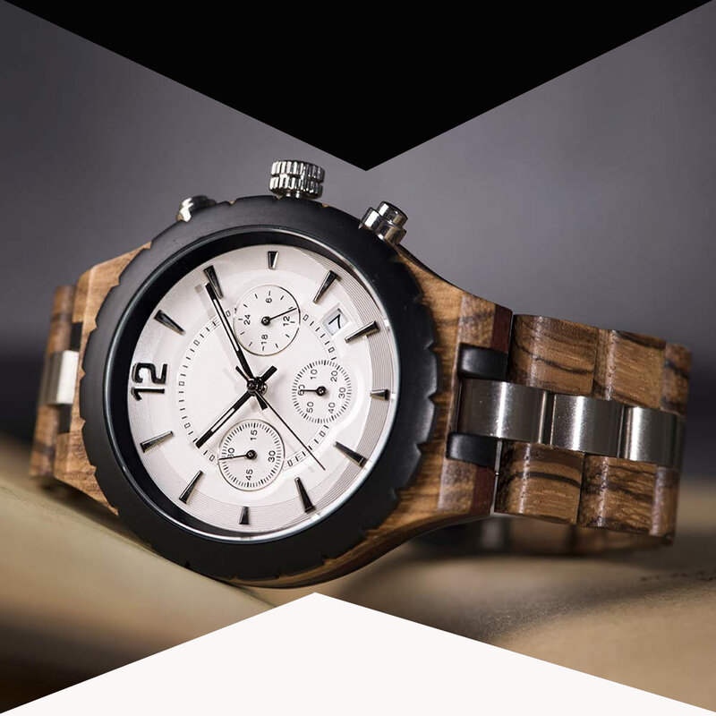 Jam tangan pria, gelang jam tangan kuarsa militer kronograf dan tanggal kayu modis mewah