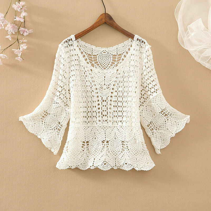 Lady Spring Summer 2023 Fashion New Loose Five-point Sleeve Short Round Neck Solid Color Plaid Casual Female Hollow Out Lace Top