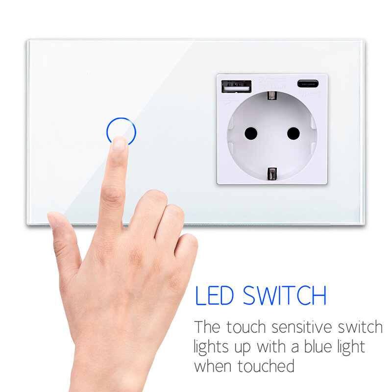 Sajemei Smart WiFi Touch Switch dengan Soket USB Type-c Panel Kaca Kristal Switch Sensor Tuya dengan Soket untuk Rumah Pintar