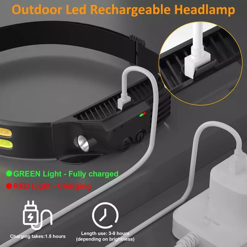 Faro LED con Sensor de 8 modos de iluminación, linterna de cabeza recargable con batería integrada de 18650, para pesca