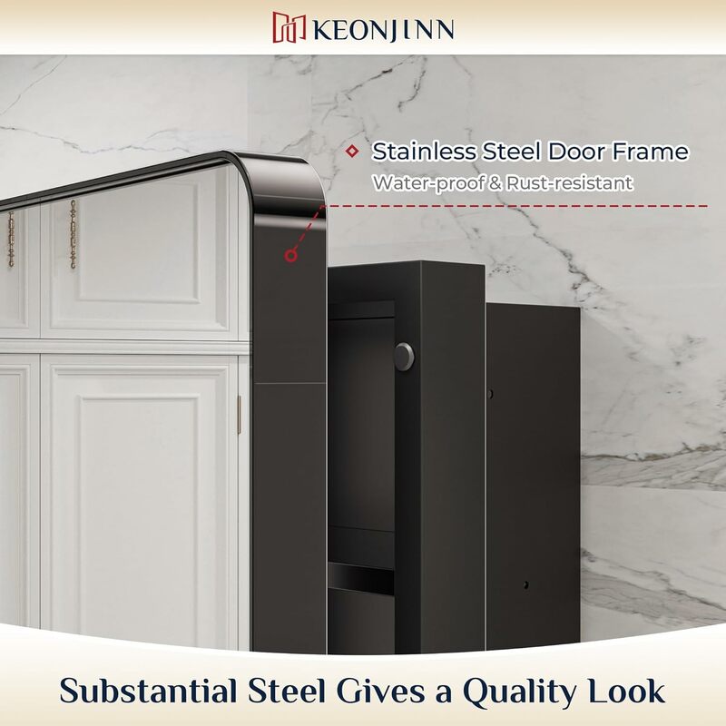 Keonjinn ตู้ยาสีดำขนาด16X24นิ้วสำหรับห้องน้ำพร้อมกระจกสแตนเลสกรอบโค้งมนสี่เหลี่ยมประตูเดียว