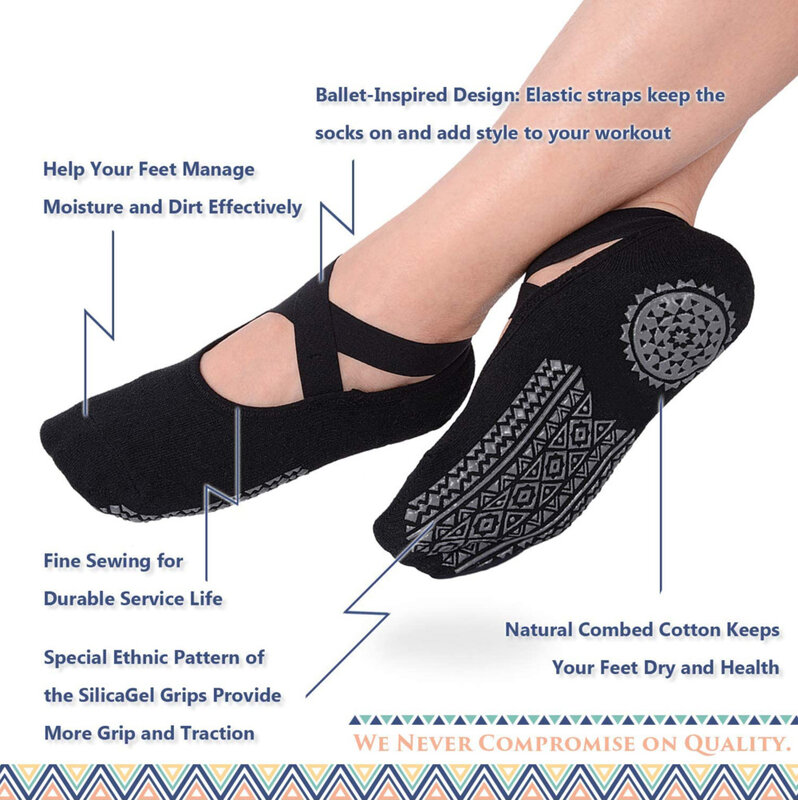 1 Pair Socks for Women Non-Slip Grips & Straps, Bandage Cotton Sock, Ideal for Pilates Pure Barre Ballet Dance Barefoot Workout