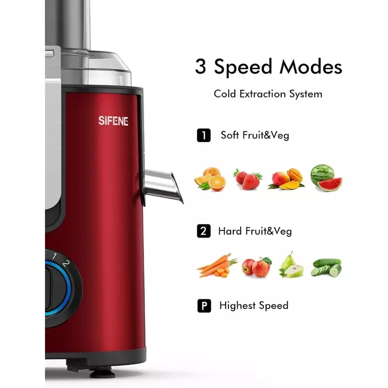 Máquina centrífuga do juicer, extrator do suco, fabricante com 3 ajustes das velocidades, vermelho, boca grande, 800W, 3.2 ", BPA livre