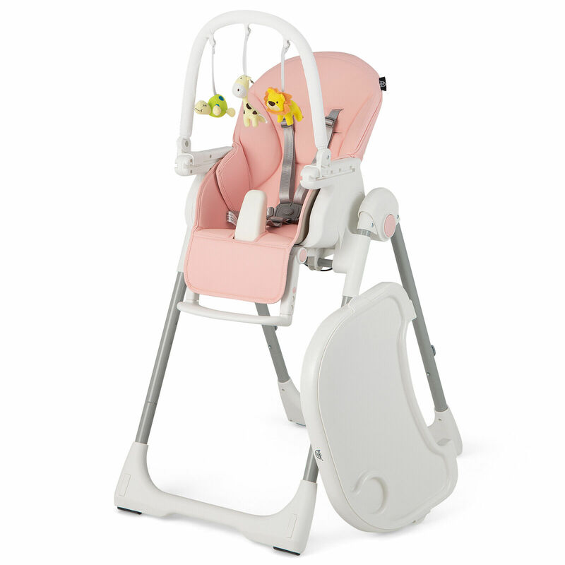 Складной детский высокий стул Babyjoy с 7 регулируемыми высотами и бесплатными игрушками, бара для веселья, розовый