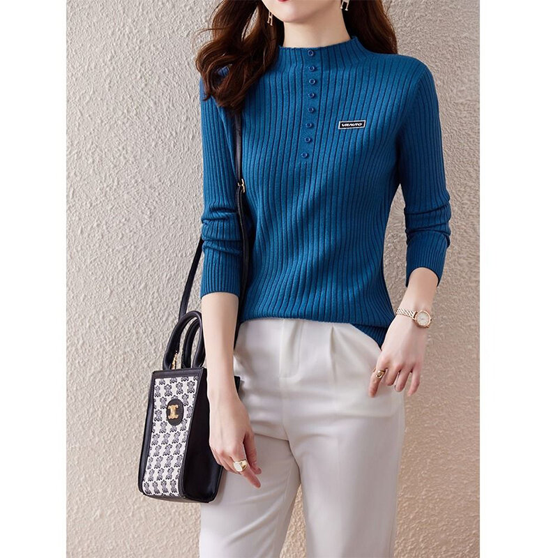 Suéter de fondo de gran tamaño para mujer, Top de punto informal que combina con todo, Color sólido, moda elegante, Otoño e Invierno