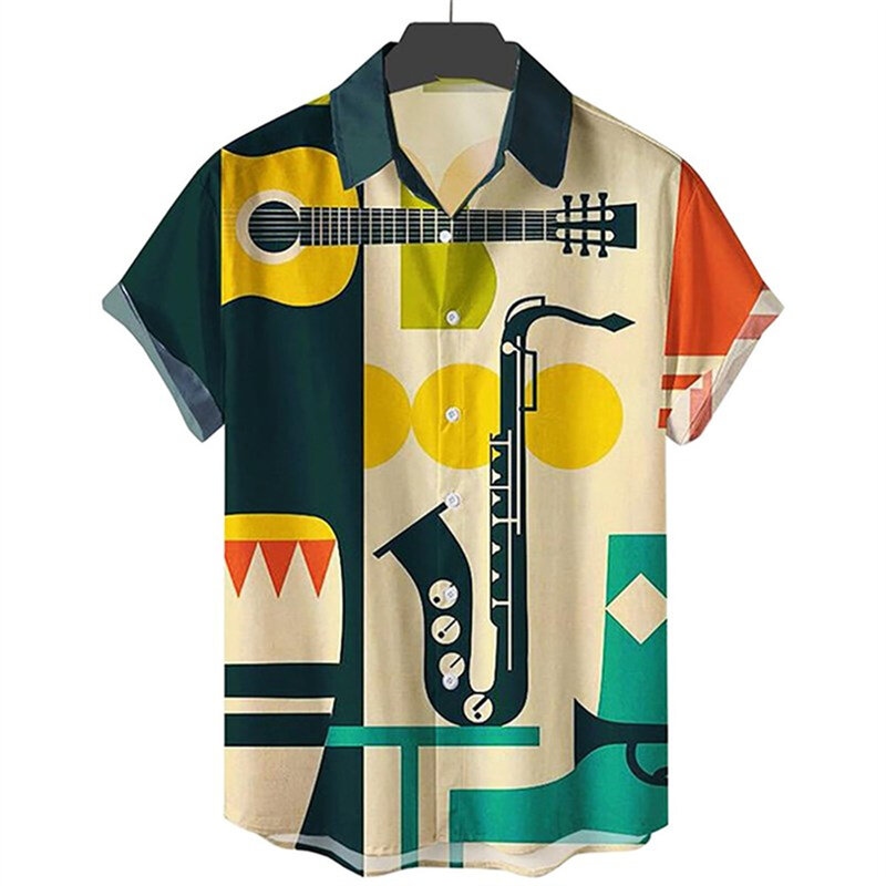 2022 camisas masculinas hawaiian casual botão camisas instrumentos musicais impresso manga curta praia blusas topos camicias
