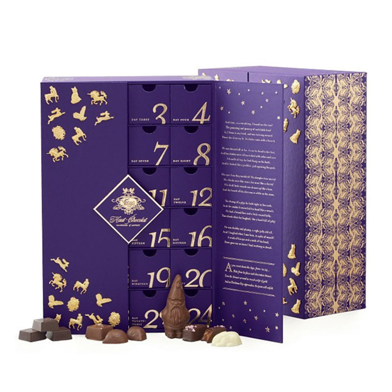 Cajón de cartón de lujo para regalo, embalaje de chocolate, caja de calendario de adviento personalizada, 12 y 24 días, venta al por mayor de productos personalizados