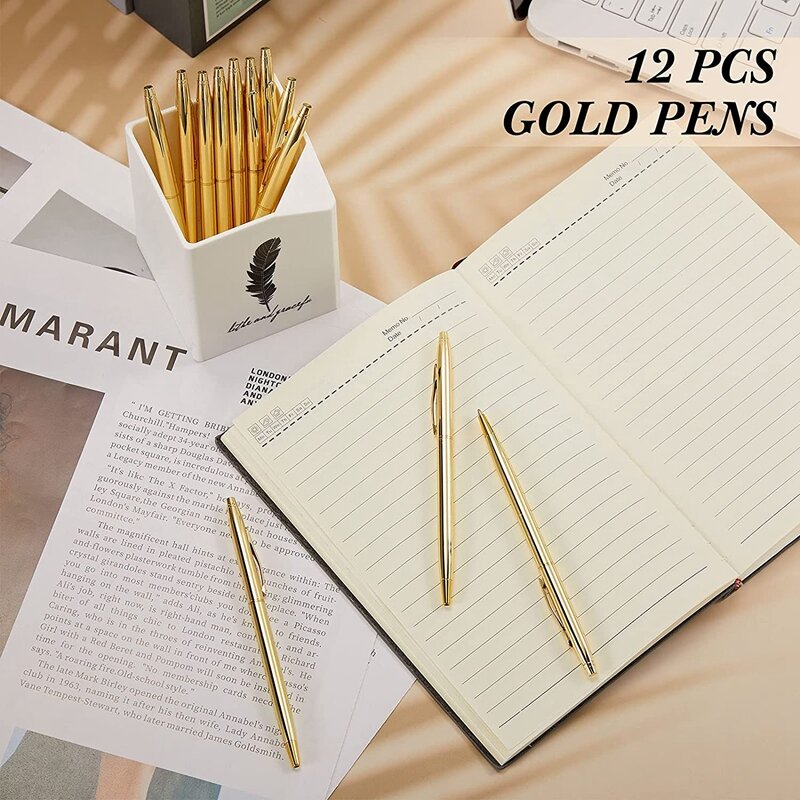 12 шт., золотистые тонкие шариковые ручки, 1 мм, средняя точка, металлические выдвижные ручки для студентов, учителей, офиса