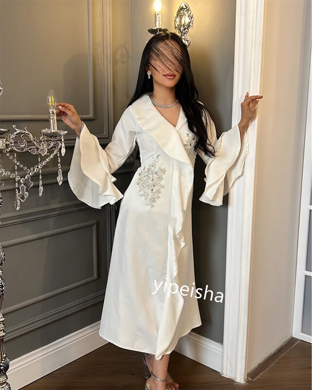 Mulheres Camadas Ruffle A-Line V-Neck Ball Dress, Evening Jersey, Beading, Vestido Ocasião Bespoke, Arábia Saudita Vestidos