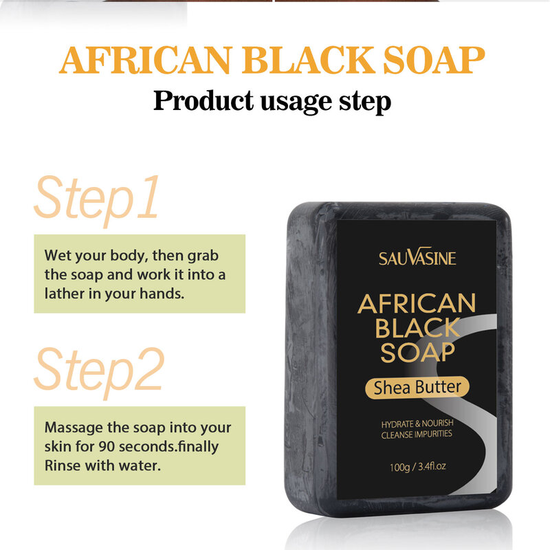 Jabón negro africano de 100g, barra de mantequilla de karité, hidratante, tratamiento para el acné, limpiador para el cuidado de la piel clara, limpieza profunda y brillante