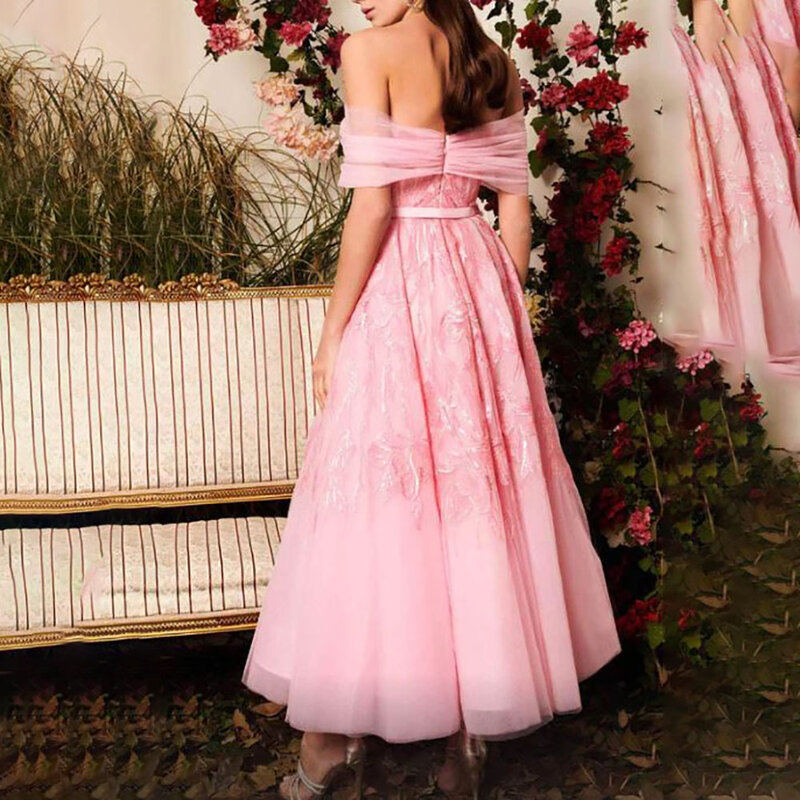 A-Line Off Shoulder Sweetheart Tulle Foldover Tonal Waistband Sequined Motif Tea Length Hem Prom Dress
