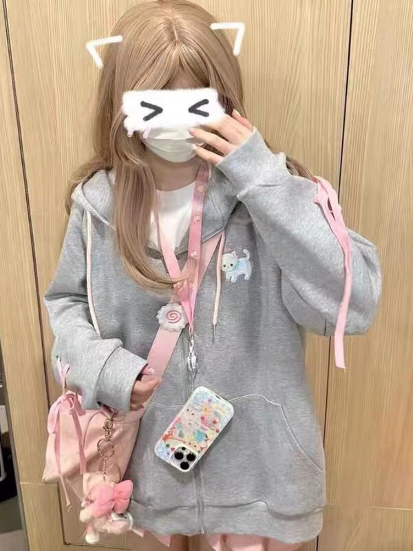 Deeptown Harajuku Kawaii Grijze Hoodies Met Ritssluiting Vrouwen Lieve Schattige Cat Ear Hooded Sweatshirts Japanse Oversized Casual Tops Koreaans