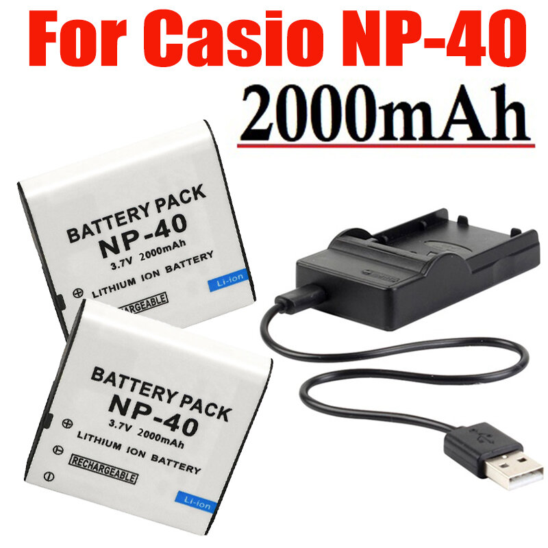 Batería de NP-40 y cargador para cámara Casio Exilim, 2000mAh, CNP-40, NP40, EX-Z600, Z1000, Z1050, Z1080, FC100, FC150, P505, P600, P700