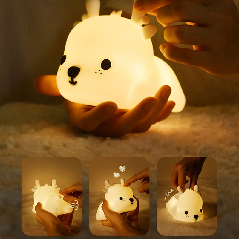 만화 사슴 소프트 실리콘 LED 야간 조명, USB 충전 분위기 램프, 아기 수유 침대 옆 램프, 어린이 휴일 선물