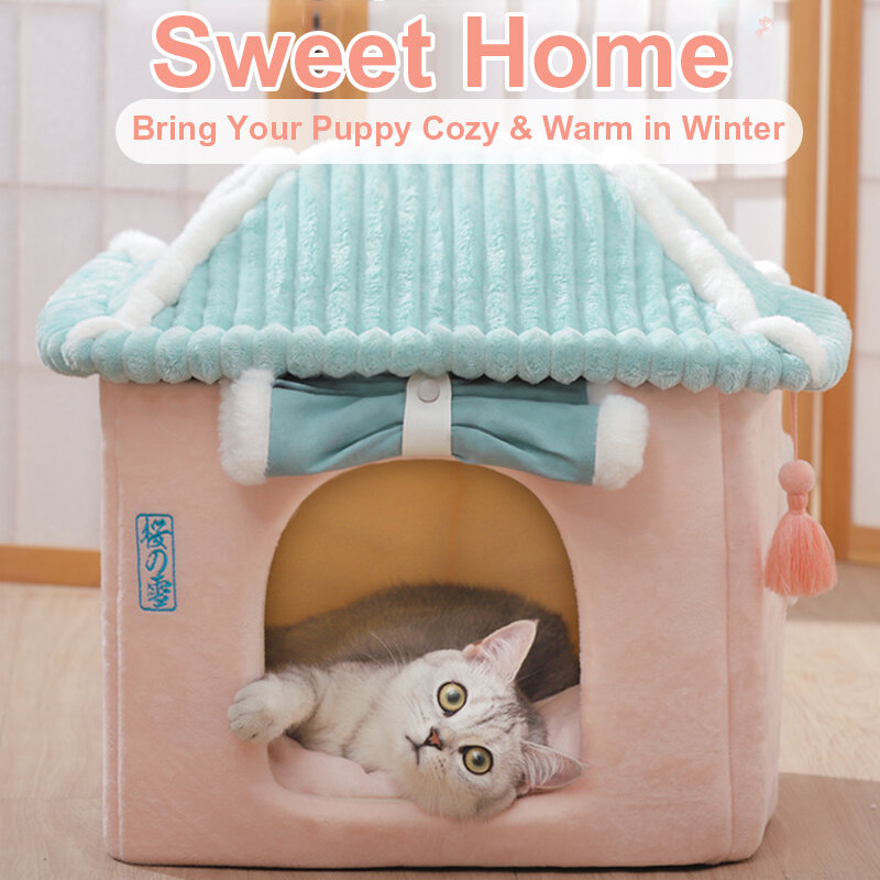 Hoopet śliczne całkowicie zabudowana dom dla kotów ciepło zimowy dom dla zwierząt Super miękkie łóżeczko do spania dla szczeniąt dom dla kotów dostawcy