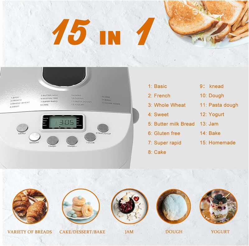 Maszyna do maszyna do chleba Davivy 3LB maszyna do wyrabiania ciasta, ekspres do automatyczna maszyna do pieczenia chleba 15 w 1 z nieprzywierającą miską, dżemem i jogurtem,
