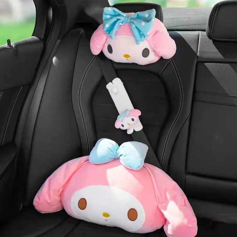 Sanurgente Kuromi My Melody Oreiller de siège de voiture rose, repose-cou de sauna de voiture, ceinture de sécurité, coussin de tête en peluche de dessin animé, support de cou, mignon