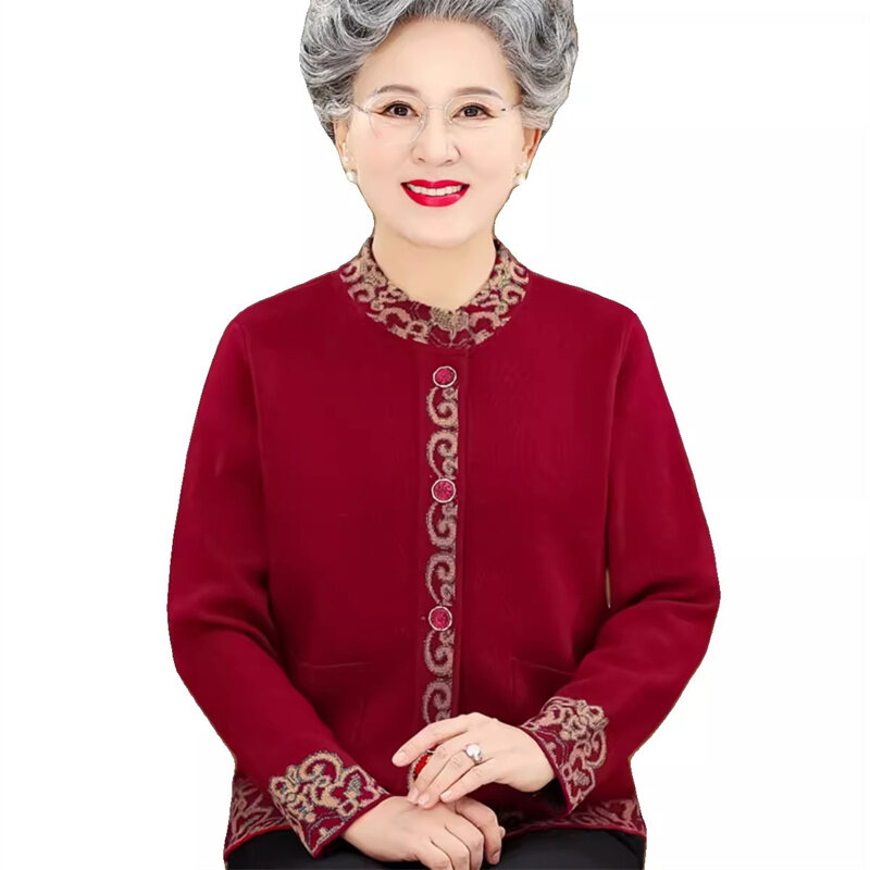 Cárdigan acolchado de terciopelo para mujer, suéter de cuello medio alto, Top de abuela de mediana edad y ancianos, novedad de 2024