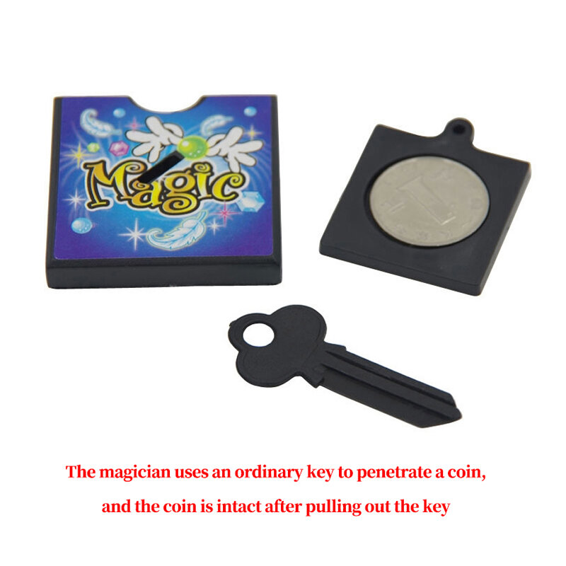 Magic Props Key Through Coins Box, Novidade Toy, Rua
