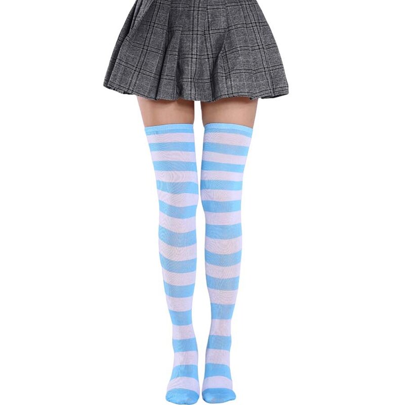 Calcetines largos de tubo para mujer, medias por encima de la rodilla a rayas azules y blancas japonesas, hasta el muslo, 2021