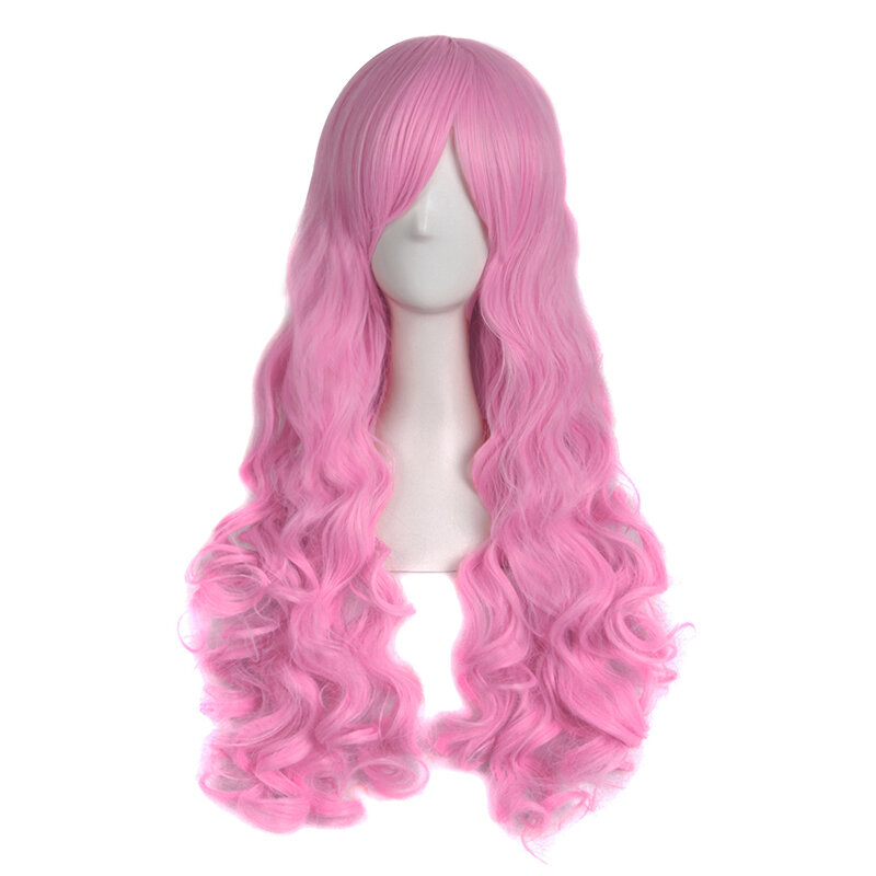 Peruca longa encaracolada Lolita feminina, aperto de anime, peruca de cabeça cheia, onda grande, rosa claro, rabo de cavalo duplo