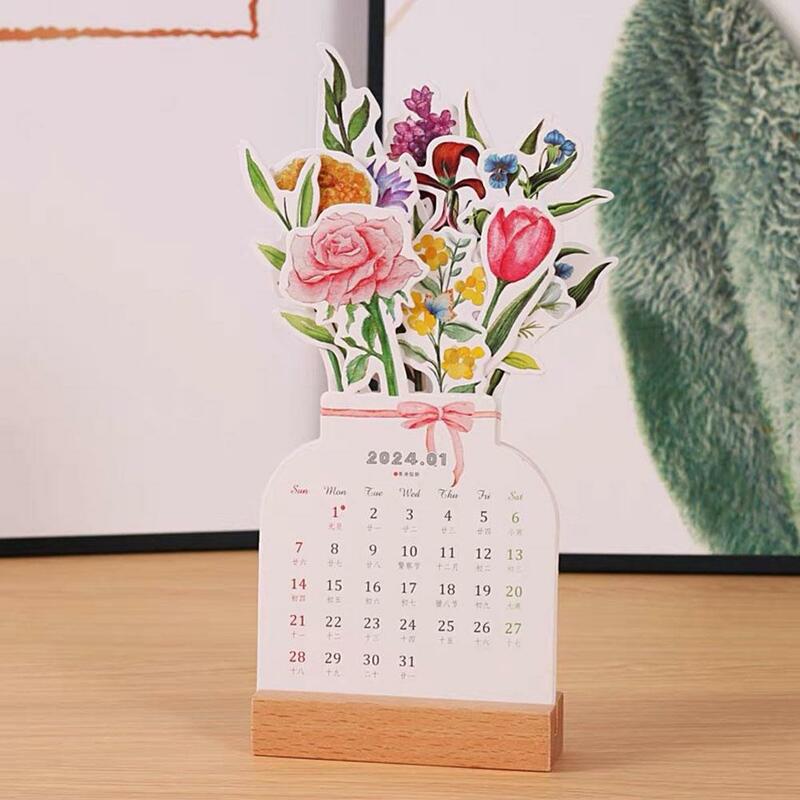 Calendario de escritorio de flores Bloomy, suministros de decoración creativos de tarjetas de madera, calendario de escritorio de alta calidad, ilustrador, 2024