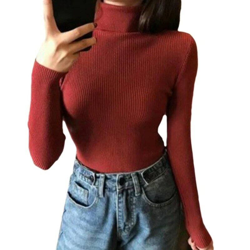 652F Women Multicolor Turtleneck Sweater Autumn Solid Color Basic Long Sleeve Slim Fitted Jumpers Ribbed Knit Pullover Top