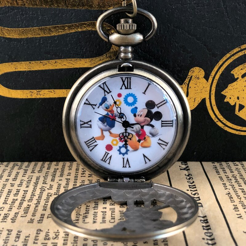 Классические кварцевые карманные часы с полыми мультяшными мышками, популярные аксессуары с римскими цифрами, подвесные часы на цепочке, подарки для мужчин и женщин