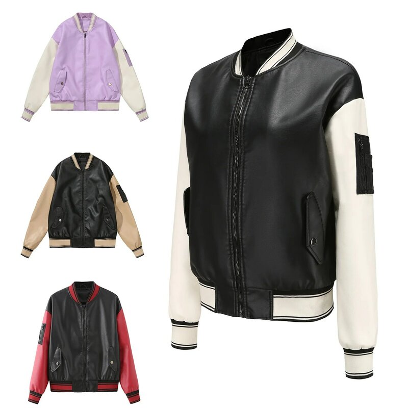 2024 spring and autumn colored leather clothes women's casual baseball clothes loose women's jacket spring and autumn coat women