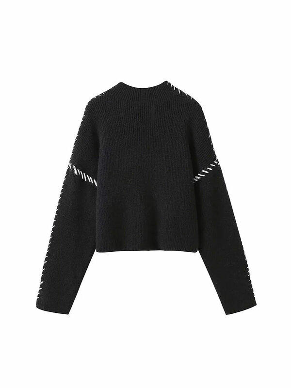 TRAF 2024 jesienno-zimowy sweter z golfem luźny wyszczuplający casualowy wzór wyczucia mody dzianinowy Top odzieży wierzchniej