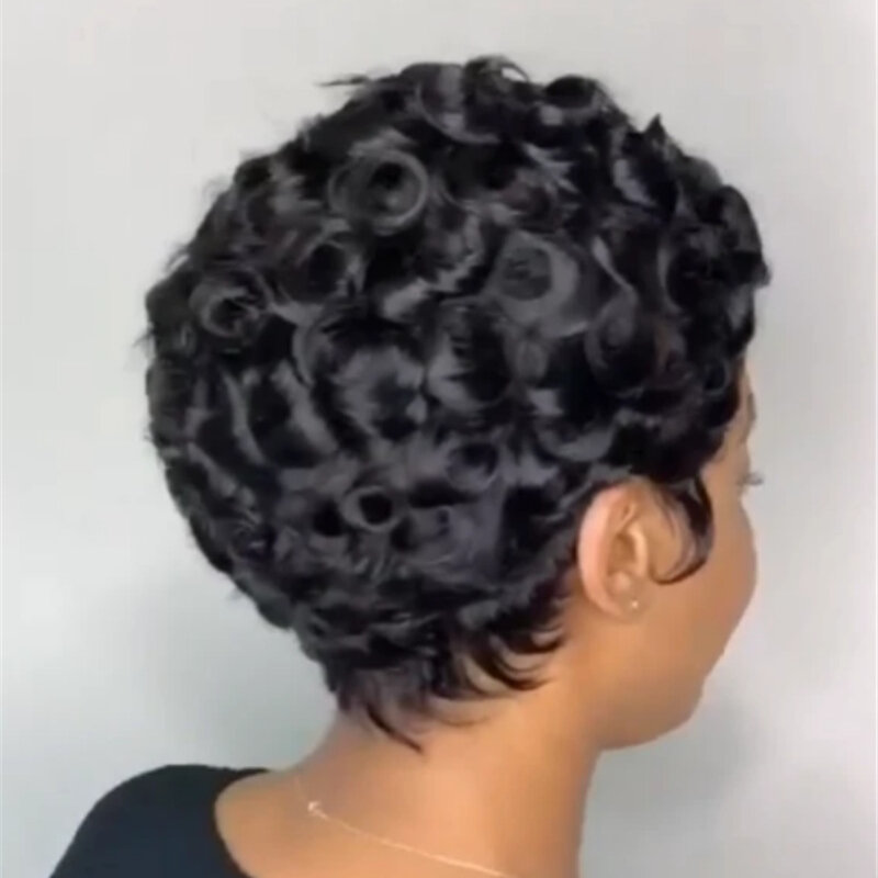Modne krótkie, wysokotemperaturowe jedwabne syntetyczne fryzura Pixie peruki dla kobiet bezklejowe brazylijskie krótki czarny mało peruki z kręconymi włosami