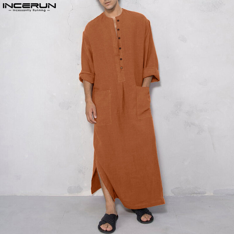 INCERUN-Sólido V Neck manga comprida de algodão Thobe para homens, Caftan árabe islâmico, Vestes Vintage, Casual Abaya, S-5XL, 2023