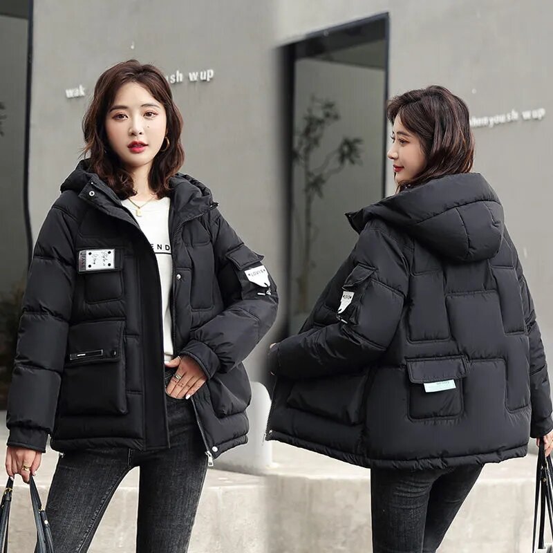 Chaqueta de algodón con capucha para mujer, abrigo holgado de estilo coreano, Parka corta para mantener el calor, otoño e invierno, 2022