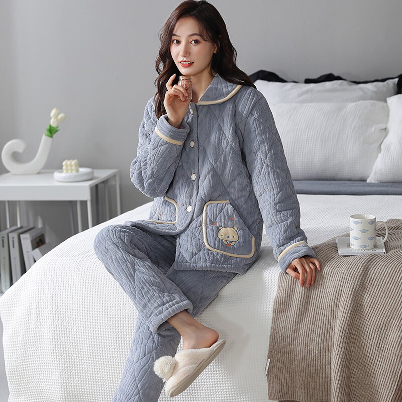 Winter Warm Thick Cardigan Women Three Layer Cotton Sleepwear Suits Cartoon Cute Comfortable Soft M-3XL Female Homewear Pajamas