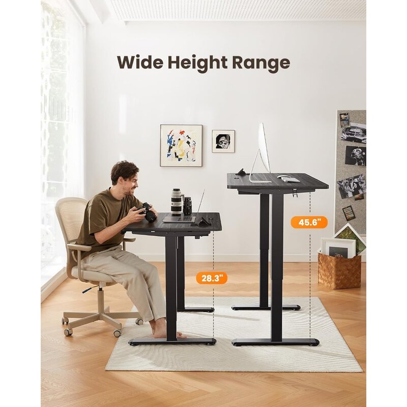 Electric Standing Desk Adjustable Height, 48 x 24 Inches Desktop with Hidden AC&DC Power Outlet, Socket Tray, Anti-Collision