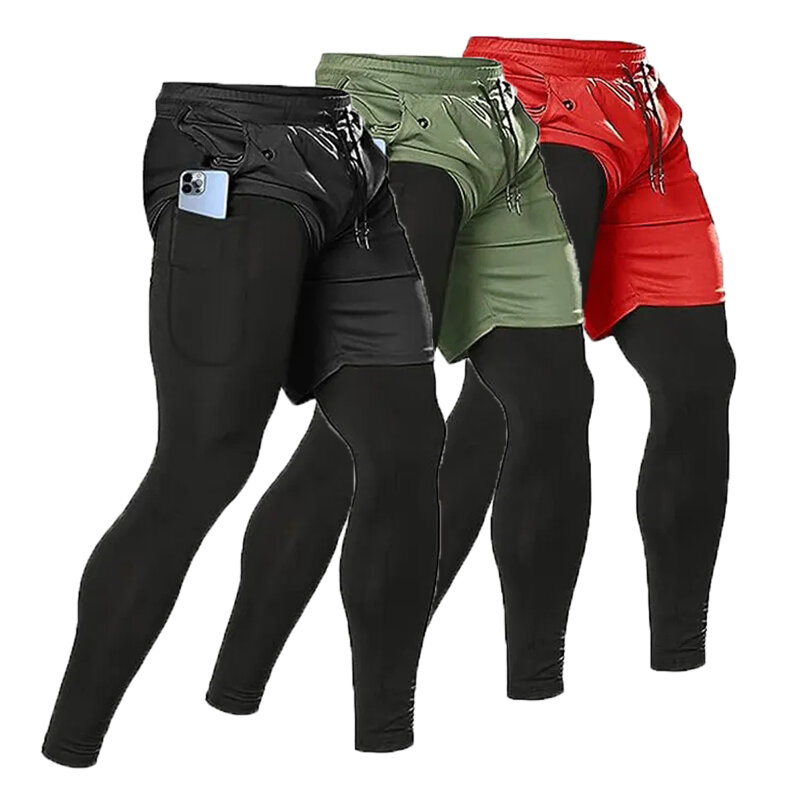 Pantalon de compression 2 en 1 à deux niveaux pour homme, survêtement de sport, jogging, entraînement, gym, jogging