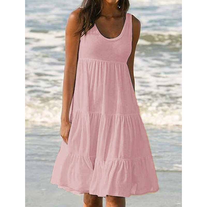 Vestido de praia feminino solto monocromático, festa de feriado, tanque, verão, novo, 2022