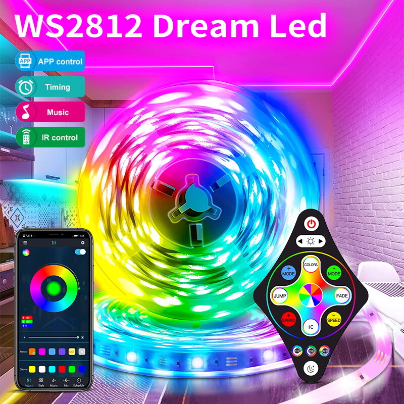 Dream LED Strip Lights para decoração do quarto, fita de controle Bluetooth, conjunto completo com fonte de alimentação, controle remoto, RGB Smart Light, WS2812