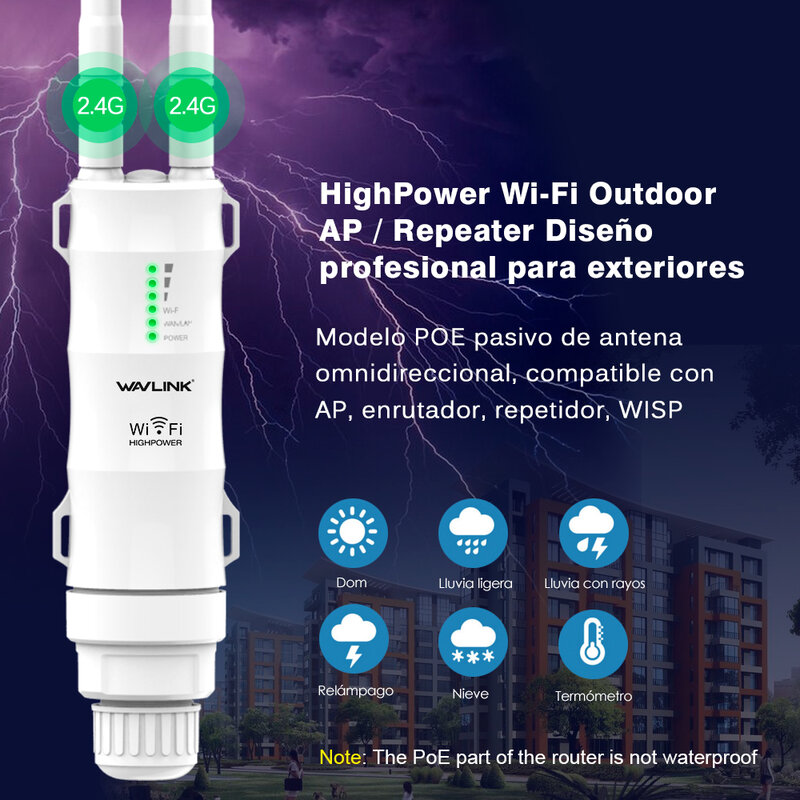 Wavlink-Repetidor WiFi Sem Fio, Alta Potência, Extensor de Longo Alcance, Antenas de Alto Ganho, Exterior 2.4G, POE, 300Mbps