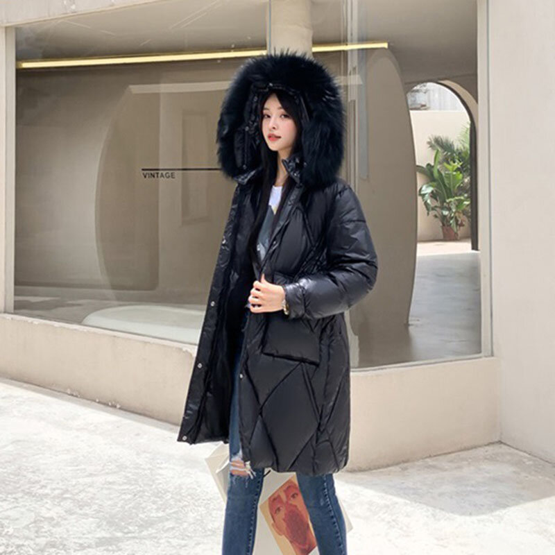 Plumífero con capucha brillante para mujer, largo medio, versión coreana, suelto, estilo extranjero, acolchado, informal, invierno, nuevo, 2023