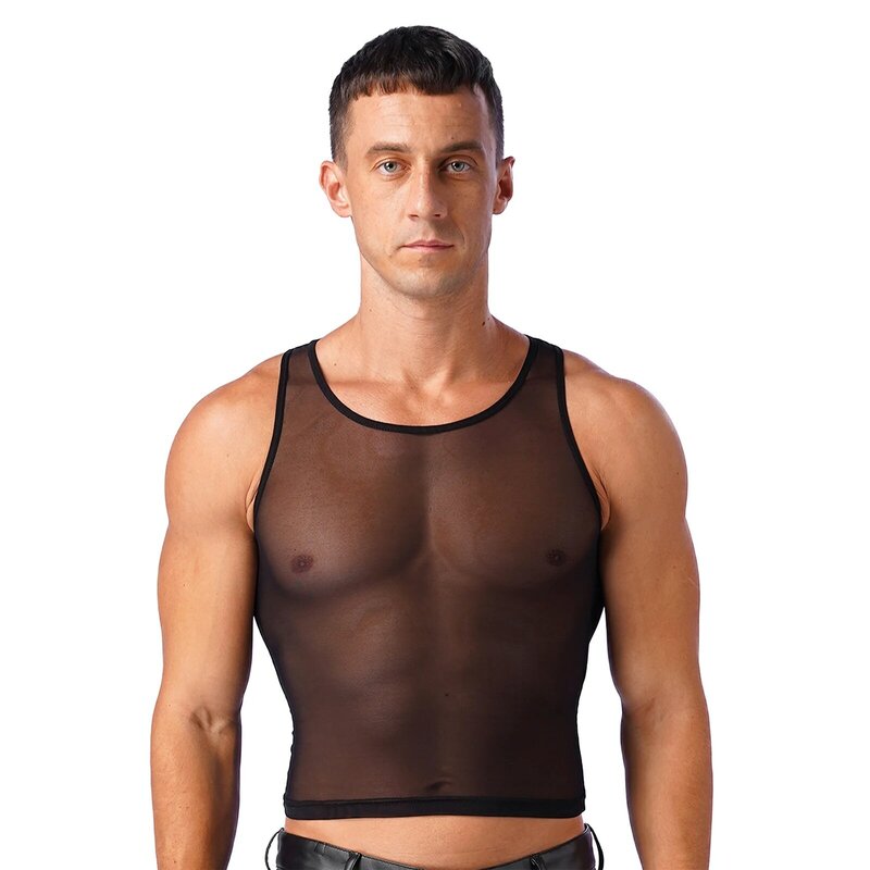 Mens Mesh U Neck Tank Top Solid Color Sleeveless T-shirt Pool See-Through Party Vest Tops Lingerie Nightwear