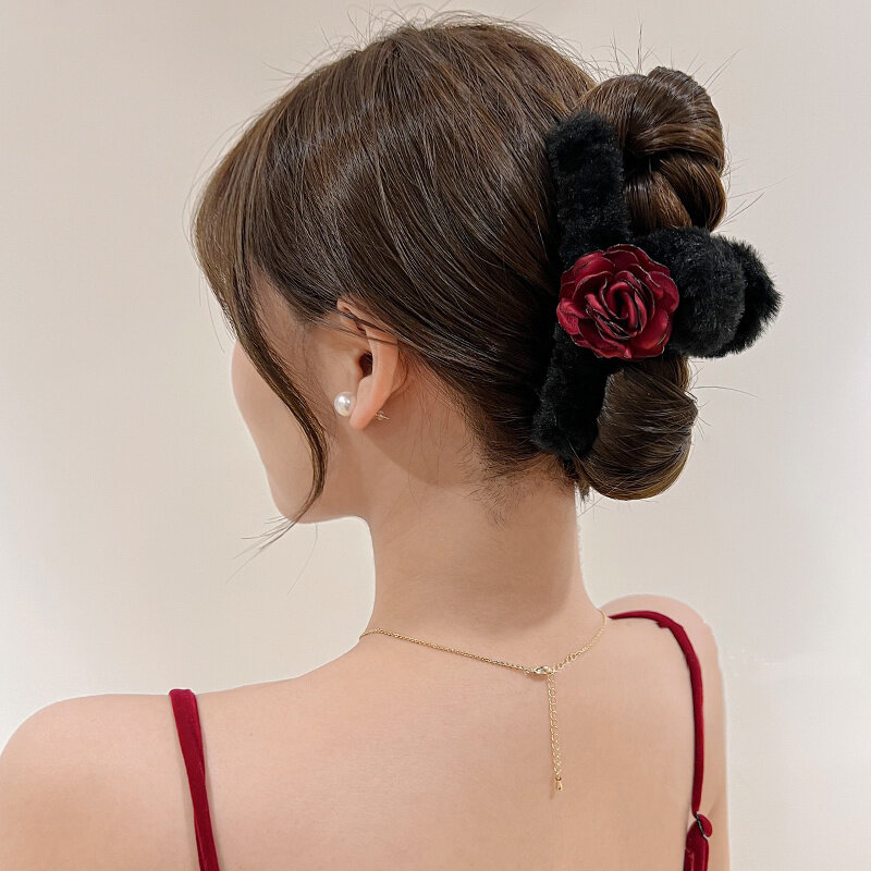 Pinzas para el pelo con forma de rosa para mujer, pasadores de pelo con flor de felpa, pasadores de agarre, accesorios para el cabello