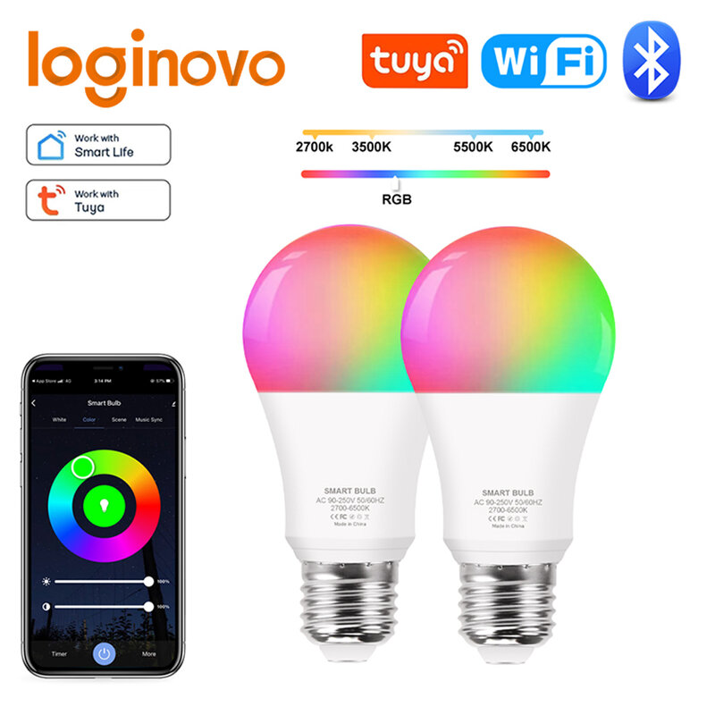 Умная лампа Tuya с Wi-Fi/Bluetooth, Светодиодная лампа E27, RGB, умные лампочки 110 В, 220 В