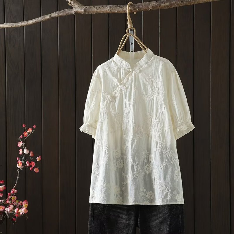 Camisas y blusas de algodón bordadas Vintage para mujer, ropa tradicional china, botones chinos, camisas elegantes sólidas de verano
