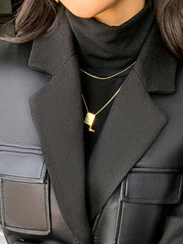 Nerazzurri jesień czarna wełna mieszanki patchworkowa skórzana kurtka kobiety z wieloma kieszeniami z długim rękawem koreański Fashion Streetwear 2022